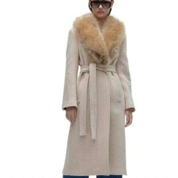ZARA Long Wool Beige Coat Lined Knit Pockets Faux Fur Neck Back Slit Sz Medium M - Picture 12 of 12